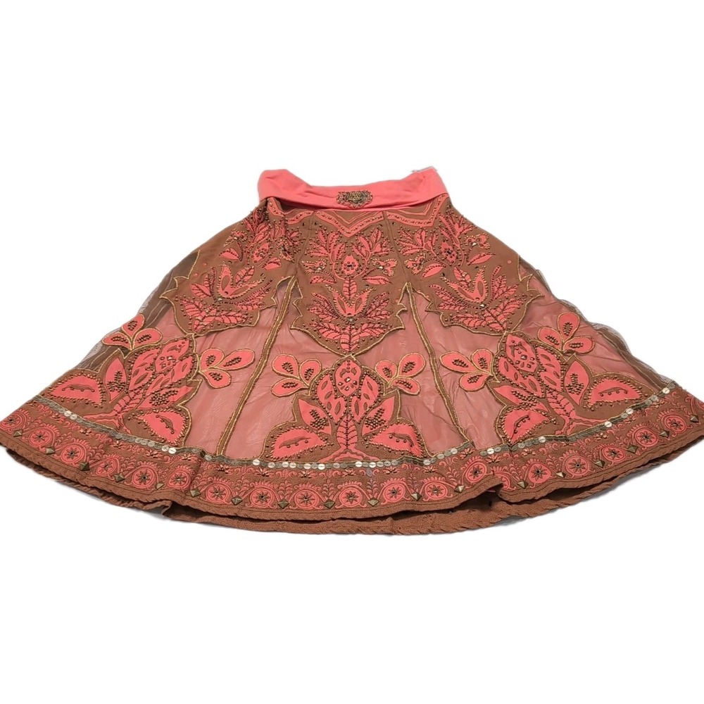 Basil & Maude A-Line Skirt Size 4 Coral Brown Embroidered Beaded Mesh Lined READ - Picture 4 of 16